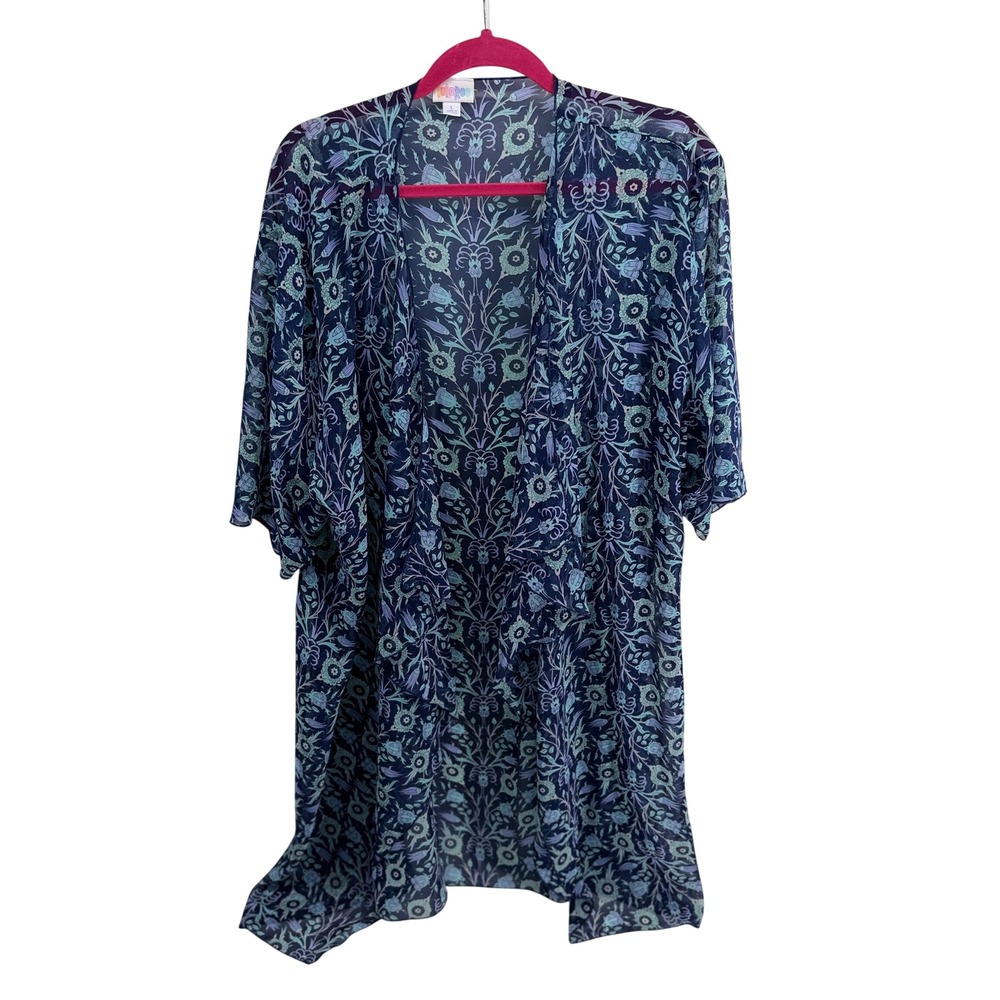 LuLaRoe Kimono Shirley Floral Damask Large‎ Blue Womens Sheer Wrap Cardigan Boho